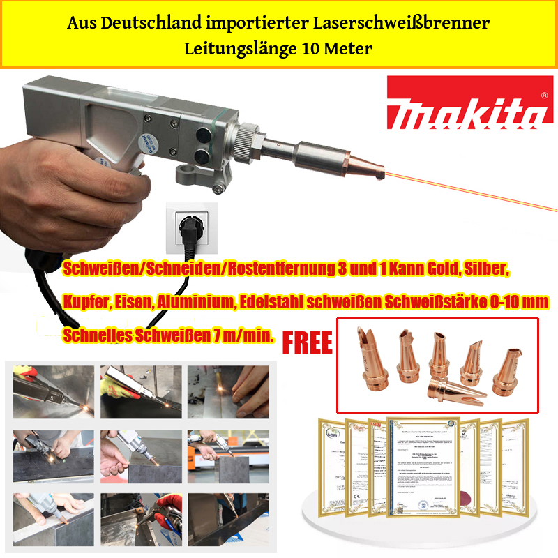 Wielofunkcyjny pistolet spawalniczy o mocy 4000 W (do spawania złota/srebra/miedzi/żelaza/aluminium/metali szlachetnych) do materiałów o grubości 0-10 mm (3 w 1 - spawanie/cięcie/usuwanie rdzy) + 4 głowice laserowe