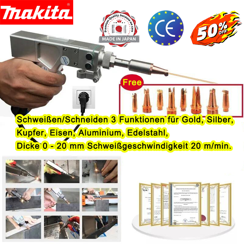 Wielofunkcyjny pistolet spawalniczy o mocy 7000 W (do spawania złota/srebra/miedzi/żelaza/aluminium/metali szlachetnych) do materiałów o grubości 0-25 mm (3 w 1 - spawanie/cięcie/usuwanie rdzy) + 8 głowic laserowych.