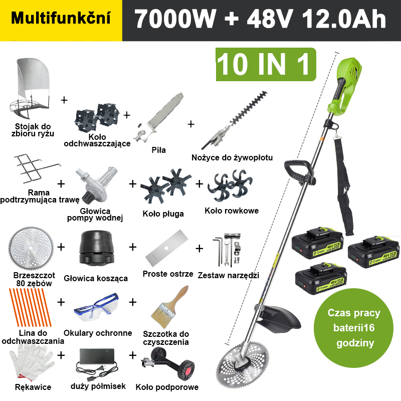【10 w 1】7000 W, 48 V 12 A bateria litowa * 3, czas pracy baterii 6 godzin, głowica piły elektrycznej, nóż do przerzedzania, nóż do rowów, pompa wodna, ostrze 80-zębowe, głowica kosząca, linka do koszenia * 10, ostrze proste, koło podporowe, zestaw do podtrzymywania trawnika, rama podkaszarki, akcesoria